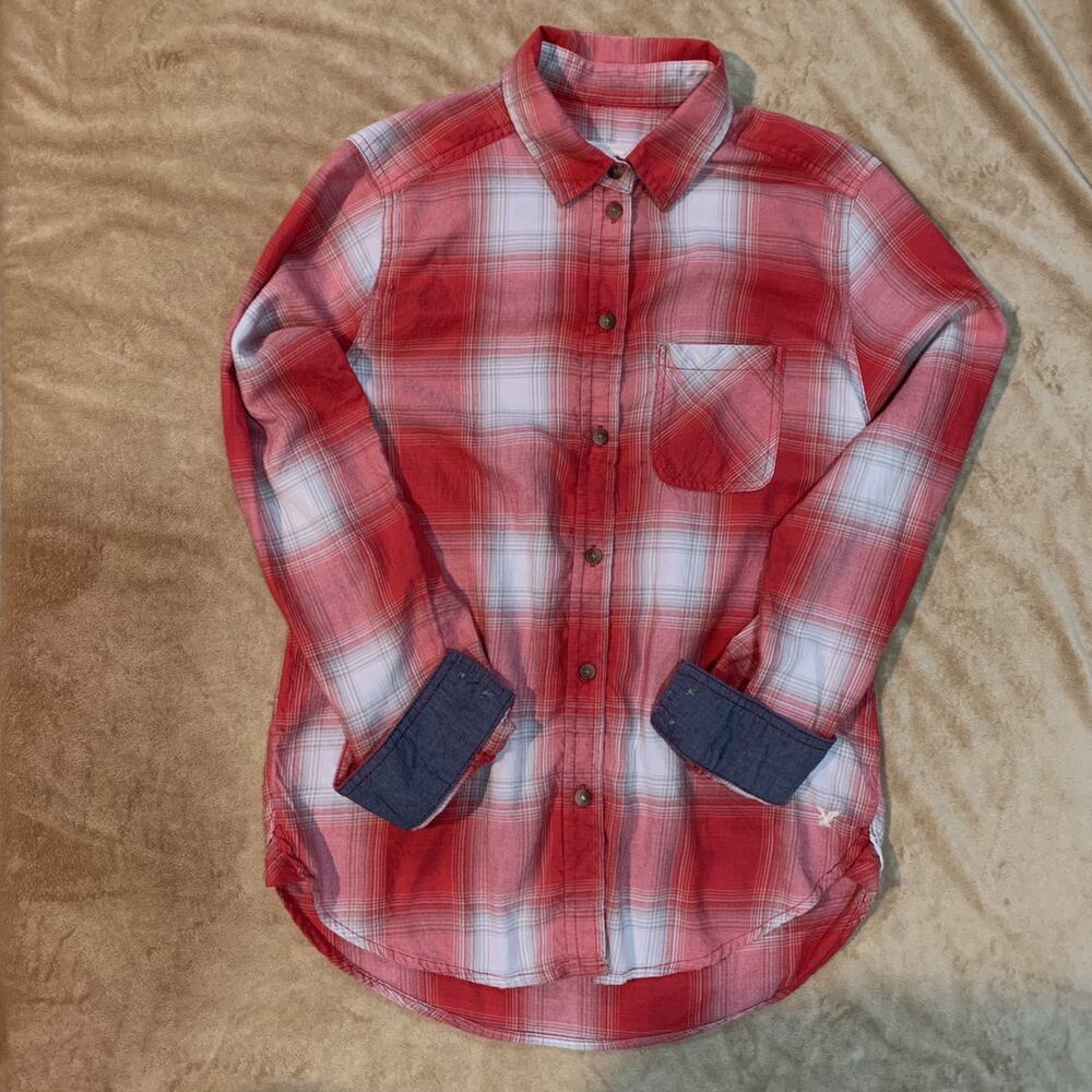 AEO American Eagle Lightweight Flannel Pink White Size XS